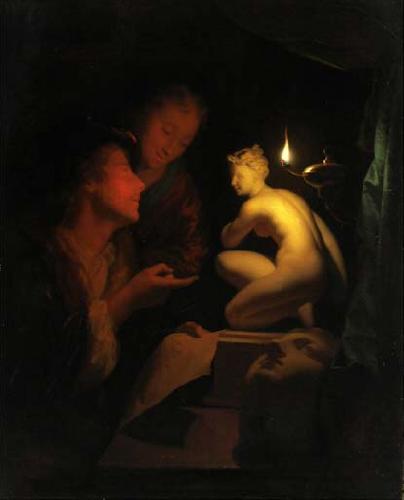 Godfried Schalcken Godfried Schalcken, Two men examining a painting by candlelight oil painting picture